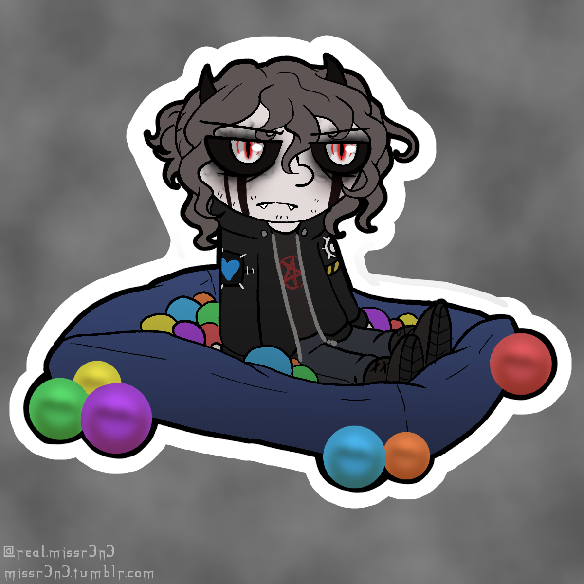 cartoony drawing of joshua atkin (2011) sitting in the iconic Dash Con ball pit